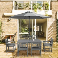 Outsunny 6 Piece Patio Dining Set, Outdoor Poplar Wood Furniture Set, Umbrella Hole Table and Chairs with Bench for Porch, Backyard, Balcony, Outside Garden, Dark Gray(m-10)