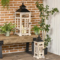 HOMCOM 2 Pack 30"/21" Large Fine Woodworking Decorative Lantern, Metal Hanging Wooden Indoor Covered Outdoor Lantern for Home Décor (No Glass), Black and Natural Wood Faded Colour(m-8)