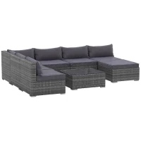 Outsunny Patio Furniture Set, 8 Pieces, Sectional Sofa, All Weather PE Rattan Conversation Set, Tempered Glass Table, 6 Seats, Ottoman Footstool, Cushions for Lawn, Backyard, Gray(m-11)