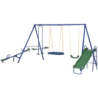 Outsunny Swing Set for Backyard, 5 in 1 Heavy-Duty A-Frame Stand Outdoor Playset for Kids with 29.5" Saucer Swing, Slide, Seesaw, Glider, Swing Seat, Blue(m-11)