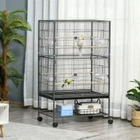 PawHut 52'' Large Rolling Steel Bird Cage Bird House with Rolling Stand, Storage Shelf, Wood Perch, Food Container, Dark Grey(m-8)