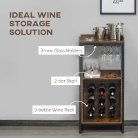 HOMCOM Retro Industrial 9-bottle Wine Rack Storage Cabinet Serving Bar Wood Buffet with  Glass Holders(m-4)