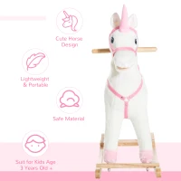 Qaba Kids Plush Toy Rocking Horse Unicorn with Realistic Sounds, White & Pink(m-7)