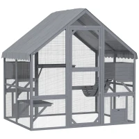 PawHut Wooden Catio Outdoor Cat Enclosure with Waterproof Cover, 2 Condos, 4 Platforms, Bridge, Doors, Gray(m-11)