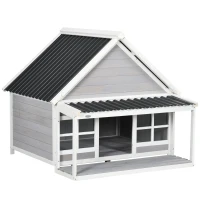 PawHut Wooden Dog House with Porch, Dog House Outdoor with Tilt Roof, Front Door, Windows for Medium Large Sized Dog(m-1)