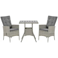 Outsunny 3 Piece Patio Bistro Set, PE Wicker Furniture Conversation Set w/ Tufted Cushion Reclining Chairs & Coffee Table, Gray(m-1)