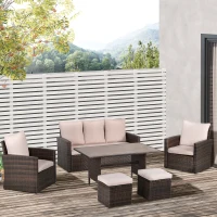 Outsunny Patio Dining Set, PE Rattan Furniture w/ 2 Chairs, Cushions & 3-Seat Sofa, Woodgrain Slatted Dinner Table, Beige(m-10)