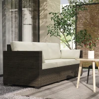 Outsunny Patio Couch PE Wicker Deep Seating Outdoor Sofa with Removable Cushions, 3 Seater Rattan Sofa, Outdoor Furniture for Balcony, Deck, Garden and Poolside, Cream White(m-2)