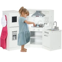 Qaba Play Kitchen Set for Kids w/ Apron and Chef Hat, Ice Maker White(m-11)