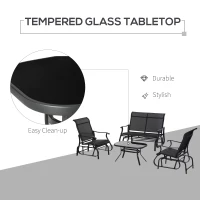 Outsunny 4 Pieces Gliders Set, Outdoor Furniture Sets with 2-Person Glider Patio Bench, Single Sling Chair and Glass Coffee Table for Backyard, Lawn and Garden, Black(m-5)