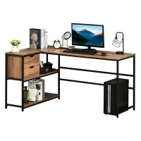 HOMCOM L-Shaped Home Offie Computer Desk with Storage Shelves, 2 Dawers and Industrial Steel Frame, Black/Brown(m-11)