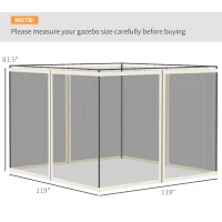 Outsunny Replacement Mosquito Netting for Gazebo 10' x 10' Black Screen Walls for Canopy with Zippers, White(m-3)
