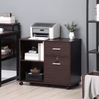 Vinsetto Lateral File Cabinet with Wheels, Mobile Printer Stand with Open Shelves and Drawers for A4 Size Documents, Walnut(m-10)