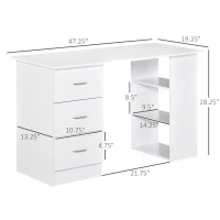 HOMCOM Computer Desk, 47" Writing Table with 3-Tier Shelves and 3 Reversible Drawers for Home Office, Bedroom, White(m-3)