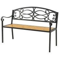 Outsunny Garden Bench for Outdoor, 2-person Patio Bench with Steel and Wood Frame, Floral Rose Accent, Loveseat Furniture for Lawn, Deck, Yard, Porch and Entryway, Natural(m-11)