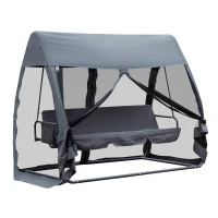 Outsunny 3-Seater Outdoor Swing Chair Chaise Lounger Bed Garden Hammock with Steel Stand, Canopy Netting Walls, Grey(m-11)