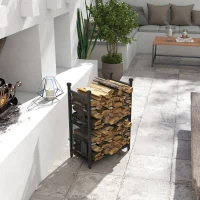 Outsunny 2-Tier Firewood Rack with Shovel, Broom, Poker, Tongs, Side Hooks, Log Holder for Fireplace, Outdoor Indoor Wood Storage Stacker, 21.7" x 12.6" x 30.3", Black(m-8)