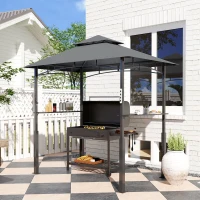 Outsunny 8' x 5' Grill Gazebo, Double Tiered BBQ Gazebo with LED Light, 2 Side Shelves, Hooks and Bottle Opener, Dark Grey(m-8)
