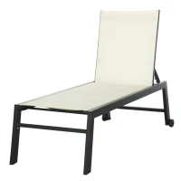 Outsunny Outdoor Chaise Lounge with Wheels, Five Position Recliner for Sunbathing, Suntanning, Steel Frame, Breathable Fabric for Beach, Yard, Patio, White(m-11)