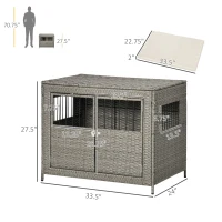 PawHut Rattan Dog Crate with Double Doors, Wicker Dog Cage with Soft Washable Cushion, Dog Kennel Furniture Outdoor Indoor for Medium to Large Sized Dogs, Gray(m-3)
