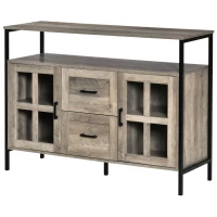 HOMCOM Industrial Sideboard Buffet Cabinet, Coffee Bar Cabinet with Adjustable Shelves, Glass Doors, and 2 Drawers for Kitchen, Living Room, Gray(m-11)