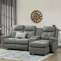 HOMCOM L-Shaped Sofa, Manual Reclining Sectional with Chaise Ottoman, Storage Console, Cup Holders, USB Charging, Gray(m-10)