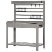 Outsunny Potting Bench Table, Garden Work Bench, Workstation with Metal Sieve Screen, Removable Sink, Additional Hooks and Baskets for Patio, Courtyards, Balcony, Gray(m-11)