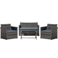 Outsunny 4 Pieces Patio Furniture Set with Cushions, Outdoor PE Rattan Wicker Conversation Garden Sofa Set with 2-Seater Chairs & Glass Coffee Table, Grey(m-11)