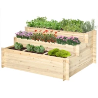 Outsunny 3 Tier Raised Garden Bed with 9 Grow Grids and Bed Liner for Garden, Outdoor to Vegetables, Flowers, Natural(m-2)