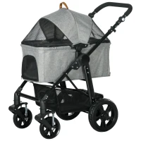 PawHut 2 in 1 Dog Stroller with Detachable Carriage Bag, Adjustable Canopy, Safety Leashes, Storage Basket for S Dogs, Grey(m-2)