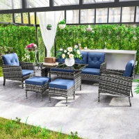 Outsunny 6 Piece Patio Furniture Set with Patio Chairs, Ottomans, Sofa, Glass Top Table and Cushions, Wicker Rattan Outdoor Furniture Set for Backyard, Porch, Navy Blue(m-8)