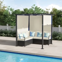 Outsunny Outdoor Rattan Wicker Patio Furniture Sofa Set with Retractable Canopy Pergola for Deck, Pool, Garden, Beige(m-8)