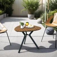 Outsunny 35.4" Outdoor Dining Table with Slatted Acacia Wood Leaf Tabletop, Patio Table with Steel Legs for Garden, Yard, Teak(m-9)
