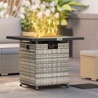 Outsunny 28 Inch Propane Fire Pit Table, 40,000 BTU Rattan Gas Fire Pit Table with Rain Cover, Mesh Lid, Lava Stone, Mixed Grey