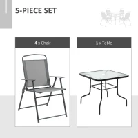 Outsunny 5 Pieces Patio Table and Chairs, Outdoor Dining Set with 4 Folding Chairs, Glass Tabletop and Parasol Hole, Grey(m-4)