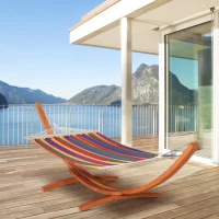 Outsunny Outdoor Hammock with Stand, Extra Large Heavy Duty Wooden Frame, No Tree Needed, 12.8' Indoor Outside Boho Style Nap Bed, Natural Cotton, Rainbow(m-10)