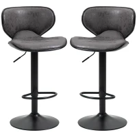 HOMCOM Adjustable Bar Stools Set of 2, Swivel Counter Height Barstools, Leathaire Upholstered Kitchen Island Stools with Back, Footrest and Steel Base, Dark Grey(m-11)