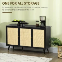 HOMCOM Kitchen Sideboard Cabinet, Boho Storage Cabinet with Shelves, Wood Legs, Decorative Rattan Doors, Black(m-4)