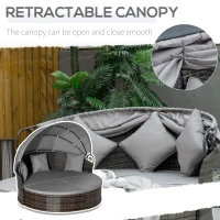 Outsunny 2 Pcs Rattan Outdoor Daybed with Retractable Canopy, Wicker Round Patio Daybed Set with Cushions & Pillows, Mixed Grey(m-6)