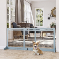 PawHut 41"-71" Wooden Freestanding Pet Gate with Support Feet, for Small Medium Dogs, Grey-Blue