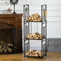 Outsunny 3-Tier Firewood Rack Heavy Duty Wood Storage Log Stacking Shelf with Hanging Hooks, Outdoor Indoor Use, Black(m-8)
