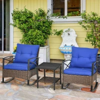 Outsunny 3 Piece Patio Rocking Chair Set, Outdoor Wicker Bistro Set with 2 Oversize Cushioned Porch Rockers and 2 Tier Coffee Table for Garden, Porch, Backyard, Blue(m-10)