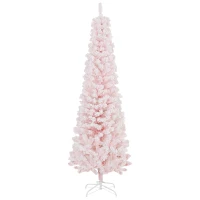 HOMCOM 6ft Flocked Christmas Tree, Pencil Christmas Tree with Realistic Branch Tips, Folding Metal Stand, Pink(m-2)