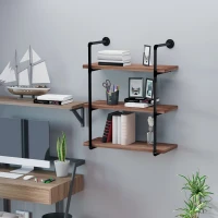 HOMCOM 3-Tier Industrial Pipe Shelves, Floating Wall Mounted Bookshelf, Metal Frame Display Rack for Living Room or Bedroom, Rustic Brown(m-10)