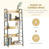 HOMCOM Modern Bookshelf Storage with 5-Tier Wide Shelving, Metal Frame, Wooden Bookcase for Living Room Library Home Furniture, Oak(m-5)