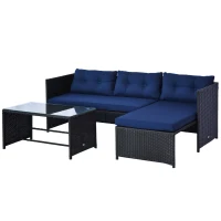 Outsunny 3 Piece Patio Furniture Set, Rattan Outdoor Sofa Set with Chaise Lounge & Loveseat, Soft Cushions, Tempered Glass Table, L-Shaped Sectional Couch, Blue(m-11)