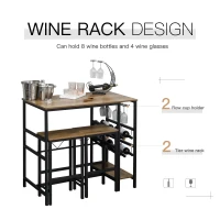 HOMCOM 3 Pieces Bar Table Set, Counter Height Table with 8-bottle Wine Rack and Cup Holder, 2 Stools with Metal Frame for Kitchen, Dining Room, Living Room, Pub(m-4)
