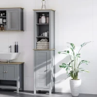 kleankin Tall Bathroom Storage Cabinet with 3 Tier Shelf, Door, Free Standing Linen Tower, Slim Side Organizer, Grey(m-2)