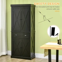HOMCOM 72" Kitchen Pantry Storage Cabinet, Traditional Freestanding Cupboard with 4 Doors and 2 Adjustable Shelves, Large Central Drawer, X-Frame, Black(m-6)