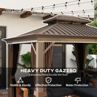 Outsunny 10' x 12' Outdoor Hardtop Gazebo with Galvanized Canopy & Netting Sidewalls for Lawn, Backyard, Dark Brown(m-4)
